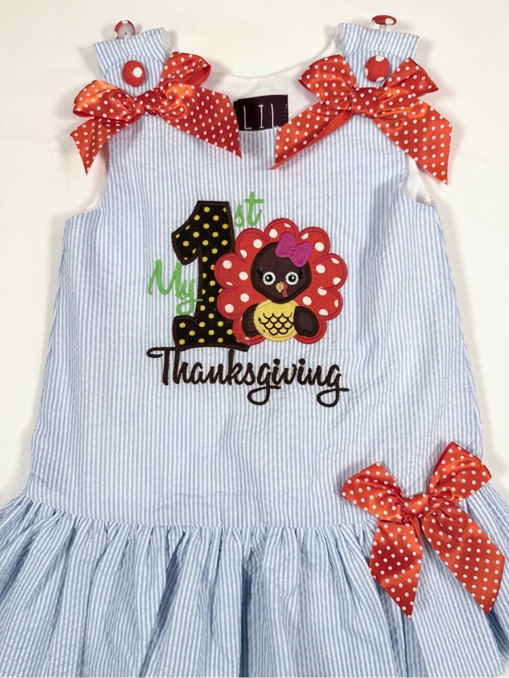 LIL CACTUS Girls 1st Thanksgiving Turkey Seersucker Dress Size 6-12M Boutique